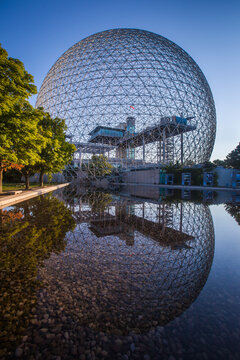 Reflections of the Montreal Biosphere at sunrise, Montreal, Quebec, Canada.