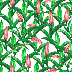 Seamless pattern of lilies. Background for greeting card, website, printing on fabric, gift wrap, postcard and wallpapers.