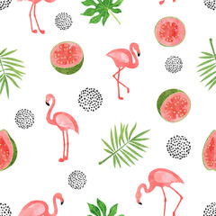 Flamingo bird pattern. Vector seamless watercolor tropical background with flamingo and exotic leaves