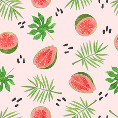 Seamless guava fruit pattern. Vector watercolor exotic fruit and leaves background.	