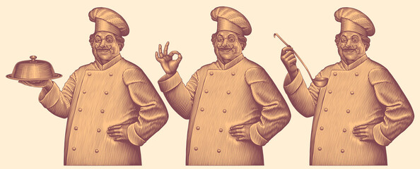 Three chefs. Design set. Editable hand drawn illustration. Vector vintage engraving. 8 EPS - 509704060