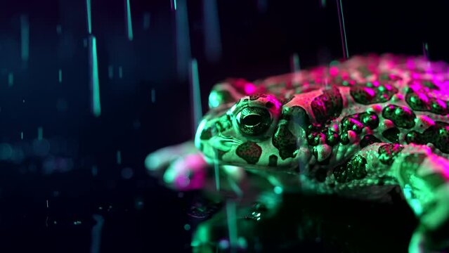 Wild ground toad under rain drops, close-up night shot, blue neon colorful light. Natterjack breathing and looking at camera. Amazing frog blinks eyes, stirs nostrils, macro. Dark background.