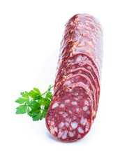 Sliced salami isolated on white background