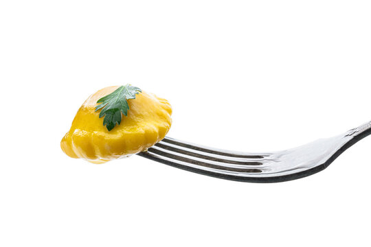 Marinated Yellow Squash On Fork Isolated On White