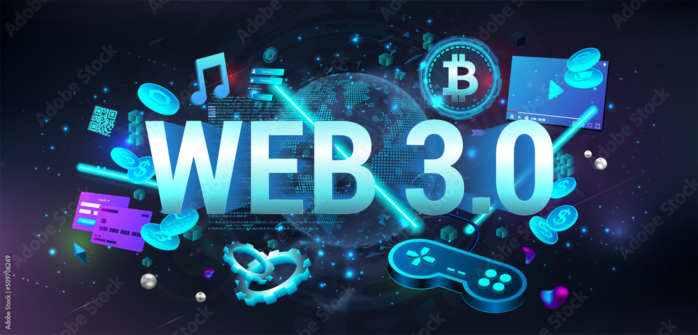 Poster Web 3.0 is a new generation of the Internet, using blockchain and artificial intelligence - Ai. Web 3.0 - blockchain system, simple code, cryptocurrency. Modern internet technologies IoT. 3D banner