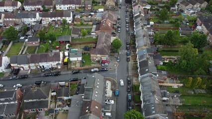 Aerial view of British Town of England Great Britain, Low level flight of drone. 
