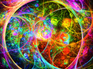 Creación de arte abstracto digital compuesto de círculos coloridos solapados sobre fondo negro en un todo con aspecto de ser un planetario fantástico de esferas luminiscentes. © Pedroml