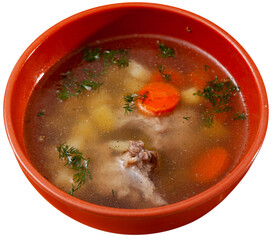 Bowl with just cooked meat soup. Isolated over white background