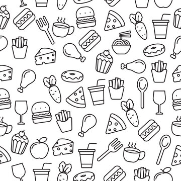 Foods doodle seamless pattern with a black and white color suitable for the background