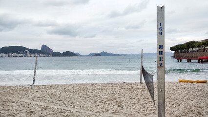 Copacabana Beach sand wave iron marina harbor ramp sea water bay street road asphalt horizon landscape bench volleyball restaurant bar parking cement path stone texture Rio de Janeiro