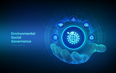 ESG icon in robotic hand. Environmental Social Governance concept on virtual screen. Future environmental conservation and ESG modernization development. Vector illustration.