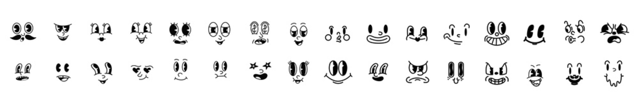 Vintage 50s Cartoon And Comic Happy Facial Expressions. Old Animation Funny Face Caricatures. Retro Quirky Characters Smile Emoji Set. Cute Avatars With Big Eyes, Cheeks And Mouth	
