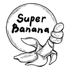 Sweet yellow banana fruit decorative frame border for product etiquette label. Vegan, bio, organic food. Design template. Hand drawn vintage monochrome illustration. Old style cartoon line drawing.