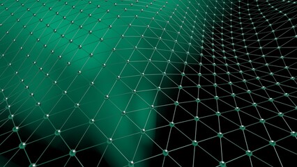 Metallic Silver Mathematical Geometric Abstract Wave Dots-Line Grid under Black-Green Spot Lighting Background. Conceptual image of technological innovations, strategies and revolutions. 3D CG.