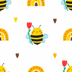 Seamless pattern with cute bee, rainbow and hearts. Vector illustration