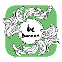 Sweet yellow banana fruit decorative frame border for product etiquette label. Vegan, bio, organic food. Design template. Hand drawn retro vintage illustration. Old style colorful cartoon line drawing