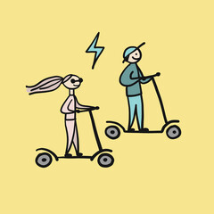 Couple riding scooters. Rental Bike Icons Design, Ecological Green transport. Sketch for your design