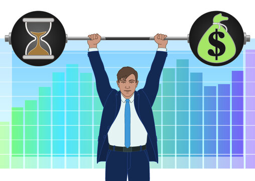 businessman weightlifting, holding up the weight of time and money with bar graph in background