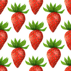 Strawberry seamless watercolor pattern. Ripe red berry with leaves isolated on white background. Hand drawn fresh summer fruit, sweet garden dessert. Wild strawberry, healthy food