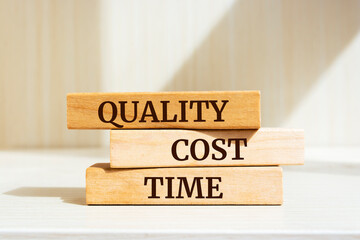 Wooden blocks with words 'Quality, Cost and Time'. Business concept