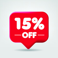 Sale of special offers red. Discount with the price 15 % 
fifteen OFF percentage. An ad with a red label for a day-of-purchase retail advertising campaign. 3D vector illustration.