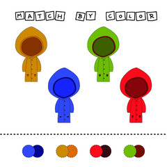 Connect the name of the color and the character of the raincoat. Logic game for children.
