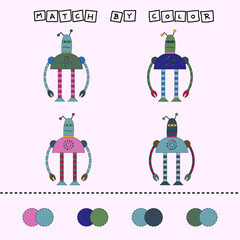 worksheet vector design, challenge to connect the  robot with its color. Logic game for children.