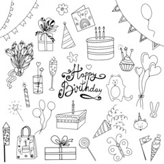Birthday, vector doodle icons, anniversary celebration