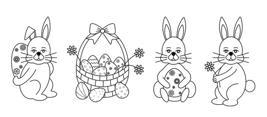 set of easter bunnies with eggs black outline