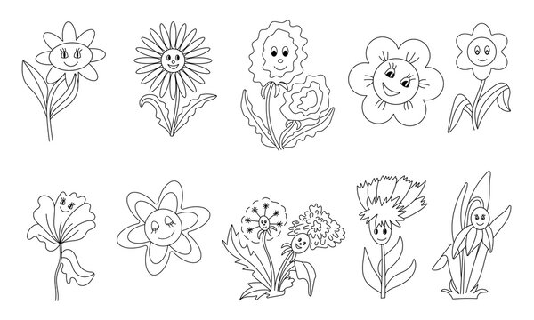 set of cartoon flowers with black outline eyes