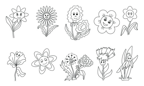 set of cartoon flowers with black outline eyes