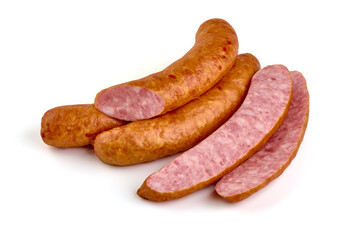 Smoked Bratwurst sausages, isolated on white background.