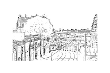 Building view with landmark of Montpellier is the 
city in France. Hand drawn sketch illustration in vector.