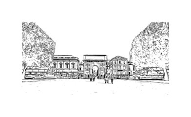 Building view with landmark of Montpellier is the 
city in France. Hand drawn sketch illustration in vector.
