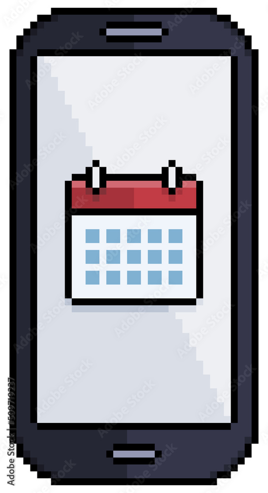 Poster pixel art cell phone with calendar icon vector icon for 8bit game on white background