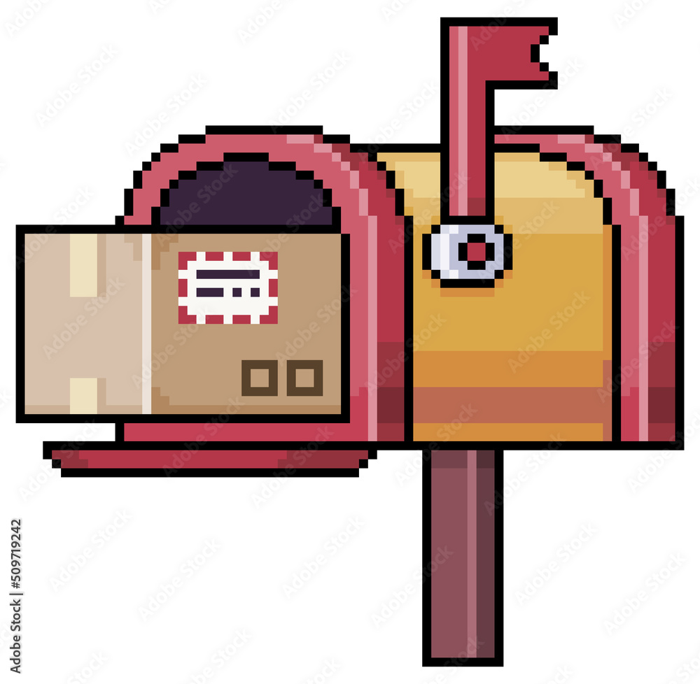 Poster pixel art red mailbox with parcel in cardboard box vector icon for 8bit game on white background
