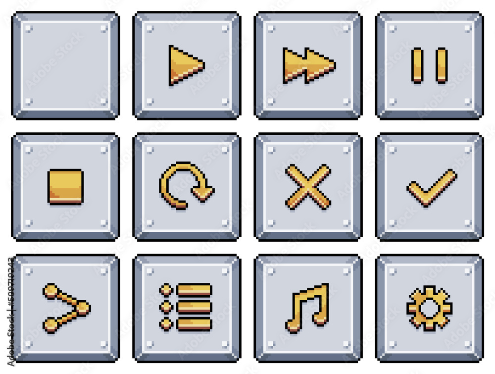 Poster pixel art metallic style buttons for game and app interface vector icon for 8bit game on white backg
