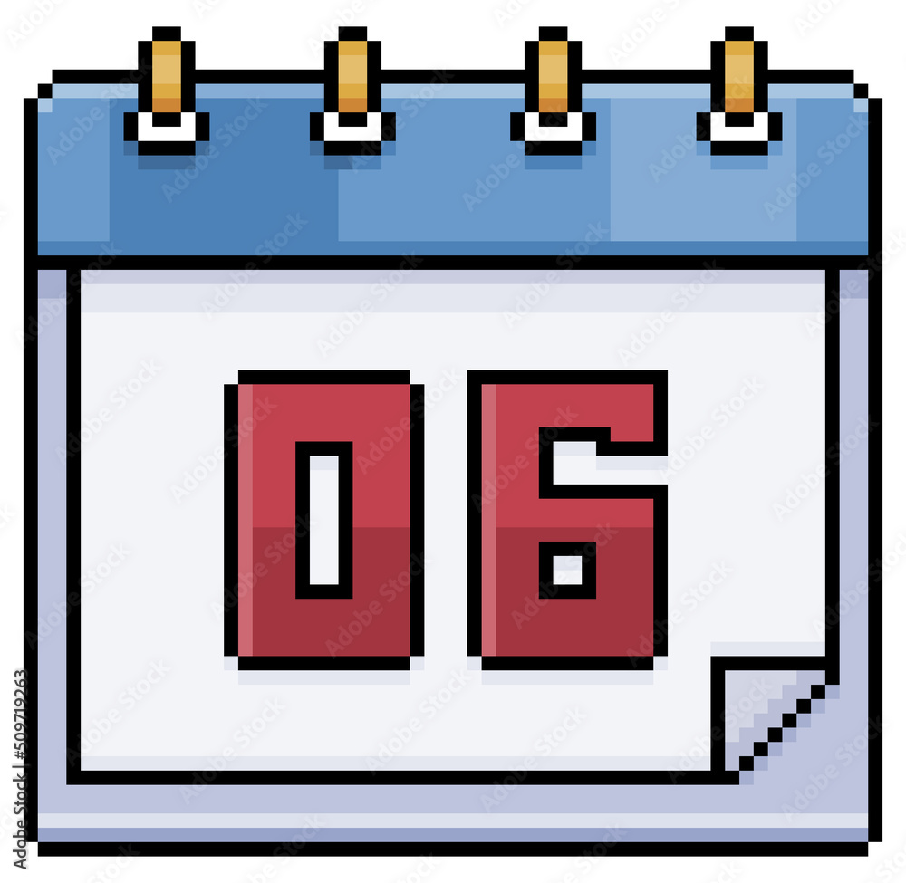 Poster pixel art calendar with date 06. day 06. holiday day 06 vector icon for 8bit game on white backgroun