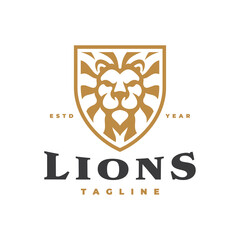 Vintage hipster lion head and shield emblem logo design. Lion shield vector icon
