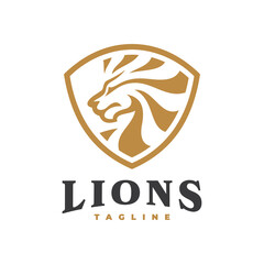 Fototapeta premium Vintage lion head and shield emblem logo design. Lion shield side view vector icon