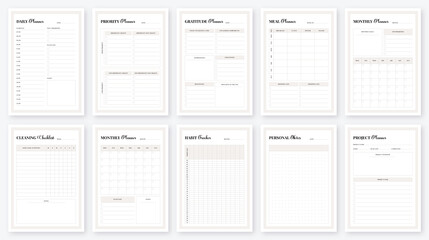Minimalist Planner Pages Templates. Daily, Weekly, Monthly planner template. Life planners. Minimalist Life and Business planner. Planner Sheet Vector. Planner pages templates. Planner Bundle Template - obrazy, fototapety, plakaty