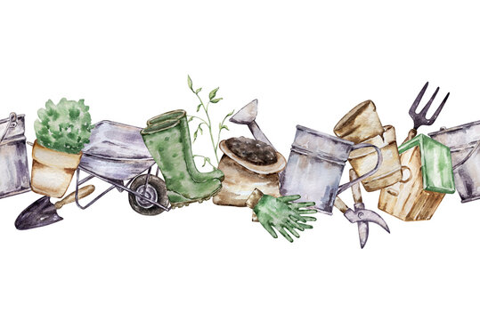 Watercolor seamless border of gardening tools