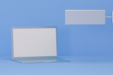 Computer screen and signbroad on pastel blue color background. Concept of study, online education, job deadline, advertisement. 3d render
