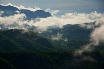 Mountain landscape in the fog.Beautiful sunlight and fog