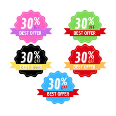 30% off, best Set of different discount promotion badges Vector graphic illustration design