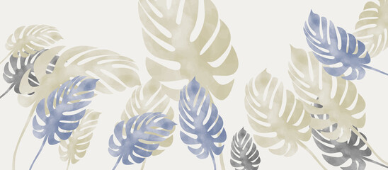 Tropical floral foliage palm leaves, Vector nature illustration in vintage watercolor style on light yellow background. Canvas art for wallpaper, wall arts, prints, fabric, pattern and packaging.