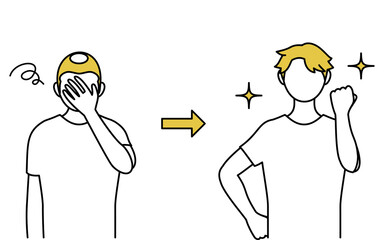 AGA　男性型脱毛症の男性、薄毛に落ち込むAGA治療前～薄毛が改善されたAGA治療後