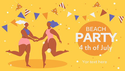 vector illustration in a flat style, a banner for the site. beach party invitation. two tanned girls dancing
