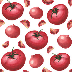 Ripe fresh tomatoes seamless pattern on white. Watercolor hand drawing illustration. Art for decoration