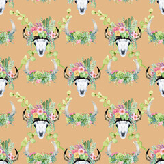 Bright Seamless pattern with plant desert cactus, succulent, skull bull,horns Boho watercolor background.Perfect for wedding,invitation,template card,wallpaper